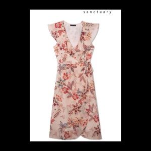 SANCTUARY FLORAL WRAP MIDI DRESS